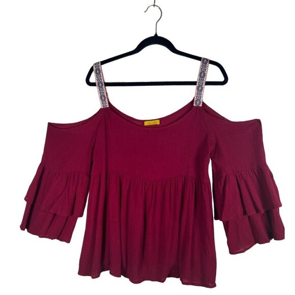 Dee Elle Womens M Top Wine Bell Sleeve Baby Doll Cold Shoulder Embroidery Strap - Picture 2 of 9